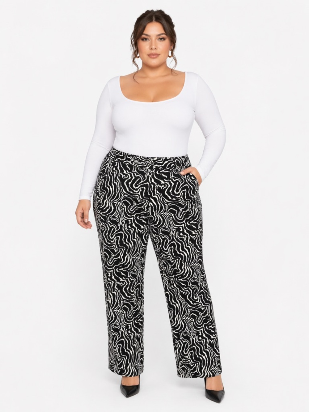 Zara Black White Abstract Wave Print Straight Leg Pants XL